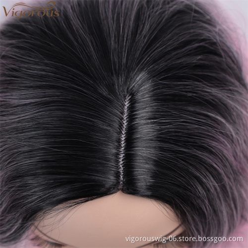 Vigorous 14 Inch Curly Wave Short Bob Wigs Ombre Light Pink Synthetic Cosplay Pastel Wig for Girl Costume Christmas Party